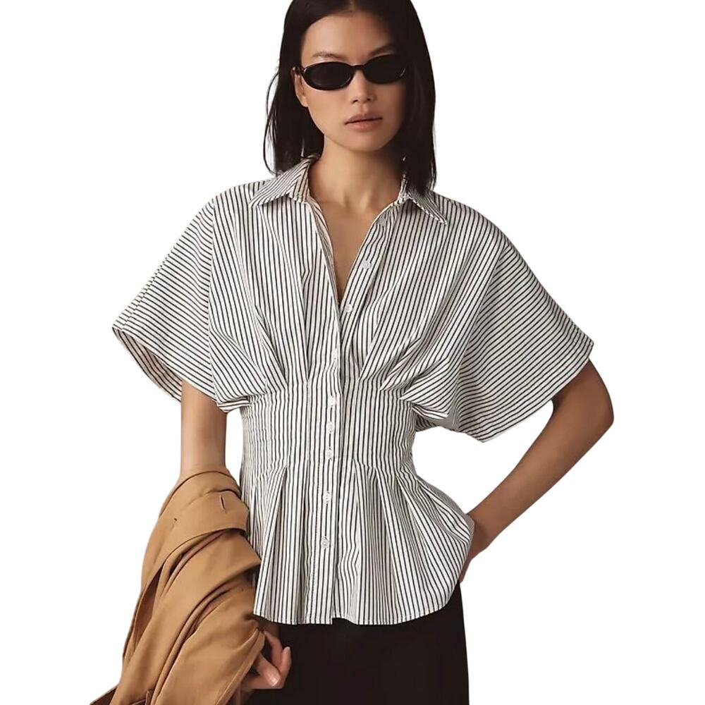 Exquise Anthropologie Tobie Pleated Striped Corset Blouse Short Sleeve Top xs